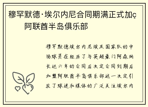 穆罕默德·埃尔内尼合同期满正式加盟阿联酋半岛俱乐部
